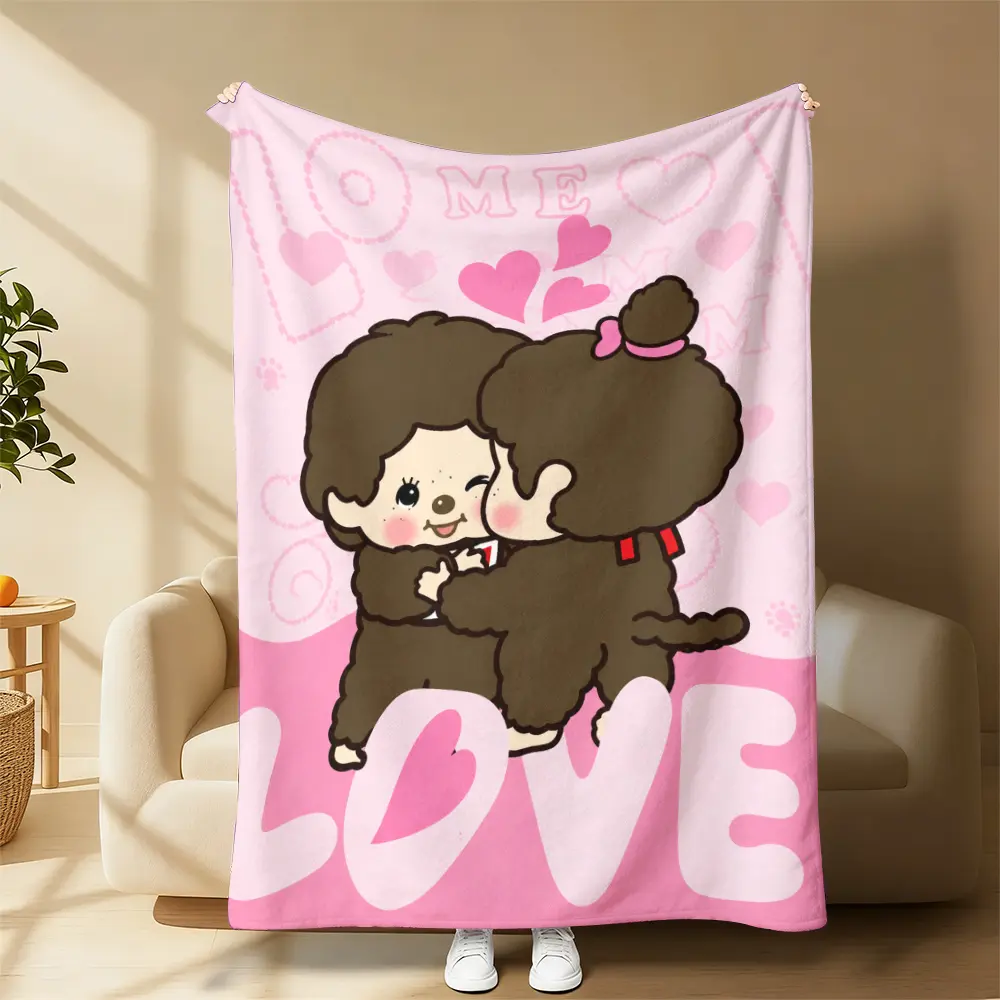 Cute Hugging Monchhichi Couple Love Heart Throw Blanket, Pink Sweet Valentine Cartoon Fleece Blanket, Soft Warm Blanket For Sofa Bed Couch Office Nap, Holiday Birthday Valentine’s Day Gift For Monchhichi Fans Lovers Couples