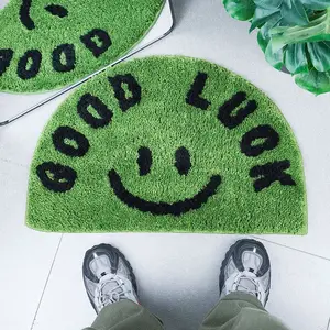 Half Round Smiley Face Rug, Good Luck Slogan Decorative Mat, Stylish and creative smiley face pattern mat,Soft and fluffy plush doormat,Suitable for living room, bedroom, bedside area, dressing room, bathroom entrance,Creative and unique home decor