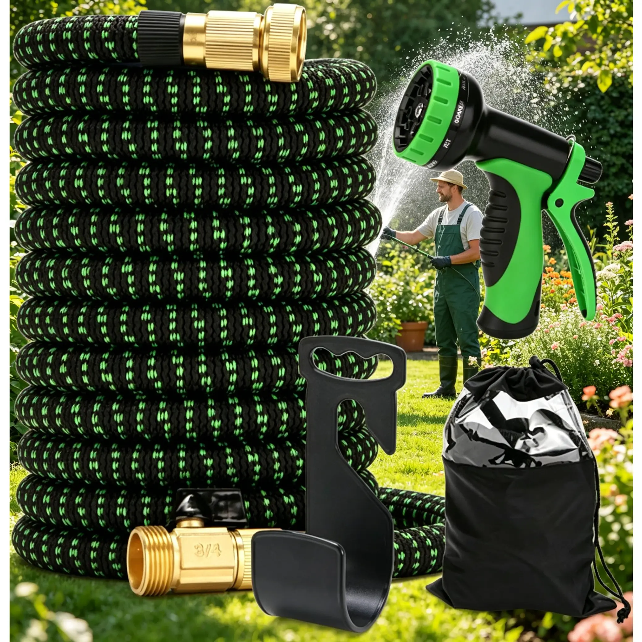 Expandable Flexible Water Hose 100FT Latex Core 3/4" Solid Brass Fittings Anti-Kink Lightweight for Garden Car Wash Pet Bath