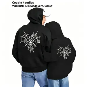 Men's Couple Hoodies - Creative Heart-Shaped Spider Web Print, Autumn-Winter Fitted Tops, Long Sleeve, Drawstring, Zipper Pullover, Comfortable Breathable Fabric, Women's Hooded Sweatshirts