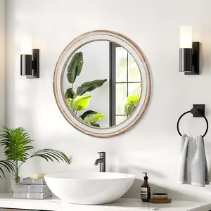 23.62" Round Wall Mirror for Bathroom Vanity, Wooden Farmhouse Circle Mirrors for Bedroom, Entryway, Living Room, Kithen Whitewash Edge Decorative Mirror for Home, Office