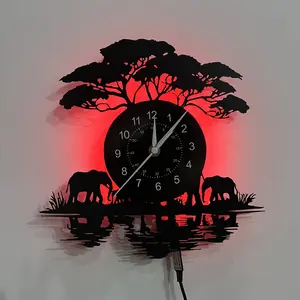 Vintage Vinyl Record Wall Clock, Elephant and Tree Theme, Artistic Wall Decor, Suitable for Living Room Bedroom Office Cafe Restaurant Kitchen
