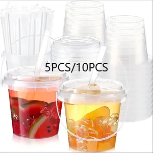 5Pcs/10pcs Disposable Extra Large Capacity Milk Tea Bucket Fruit Cup 500ml-1000ml/16oz-35oz Clear Plastic Beverage Bucket with Lid and Straw Disposable Iced Coffee Cup Rum Bucket for Cocktail Smoothies Bulk with Handle for Beach Pool Party Supplies