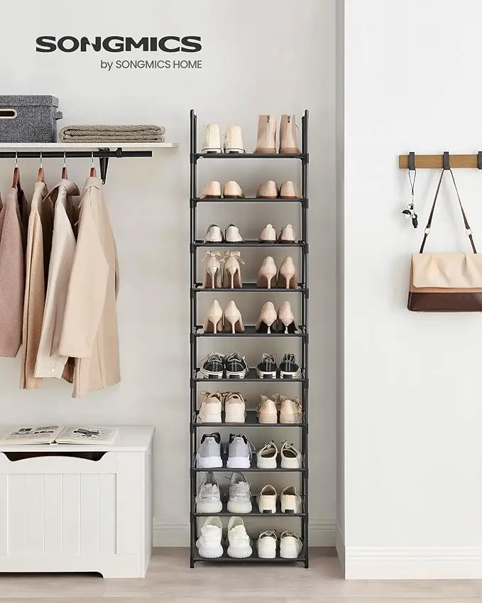 SONGMICS HOME 10-Tier Slim Shoe Rack Organizer, Metal Frame Non-Woven Fabric Shelves, Stackable Storage Holders & Racks for Entryway, Bedroom Closet Storage