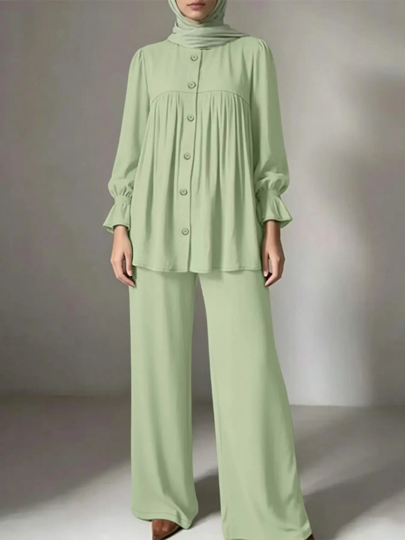 Women's Loose H-Shape Ruffled Ruched Long Sleeve Top + Elastic Waist Wide Leg Pants Set, Womenswear, Casual Spring & Fall, Solid Pattern, Clothes
