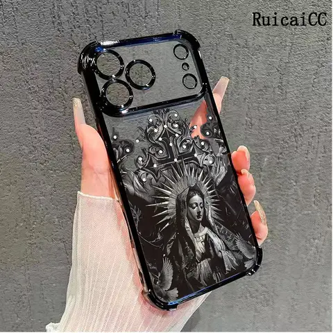 Transparent Virgin Mary Pattern Protective Cellphone Case for iPhone 12/12 Pro/13/14 Air/15/16 Plus/17 Pro Max/18, Shockproof Full Coverage Handheld Device Casing with 4-Corner Anti-Drop Resistance, Mobile Phone Accessories