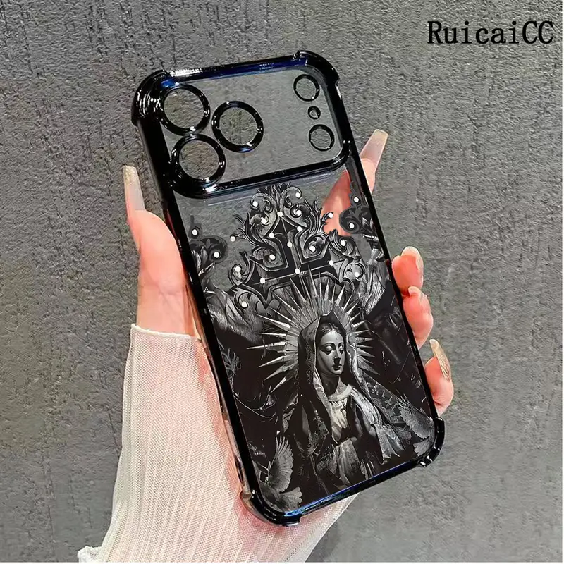 Transparent Virgin Mary Pattern Protective Cellphone Case for iPhone 12/12 Pro/13/14 Air/15/16 Plus/17 Pro Max/18, Shockproof Full Coverage Handheld Device Casing with 4-Corner Anti-Drop Resistance, Mobile Phone Accessories
