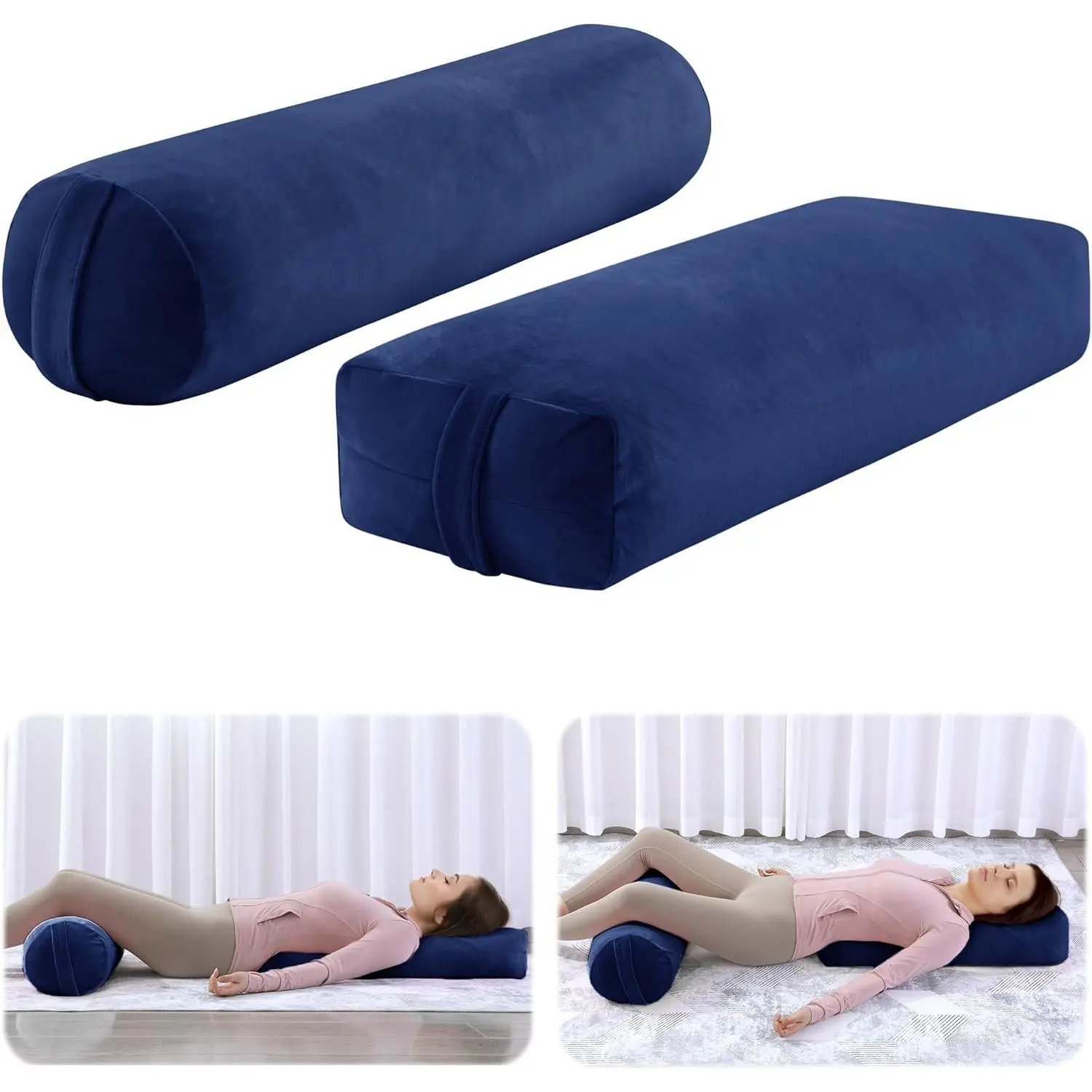 2-Pcs Velvet Yoga Bolster Pillow Set - Sponge & Polypropylene Supportive Cushion with Handles, Invisible Zipper Cylinder Pillow for Restorative Yoga & Meditation, Dark Blue, Strong