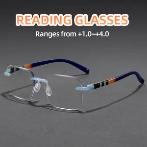 Fashionable Frameless Reading Glasses Blue Temple Lightweight Design Clear Lens Eyeglasses, Unisex Trendy Eyewear