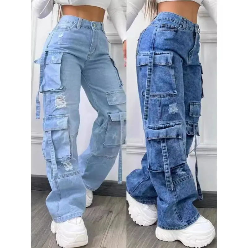 2025NewFashionableSolidColorAll-MatchingplusSizeWaistMulti-PocketCargoTrousersWomenPantsJean