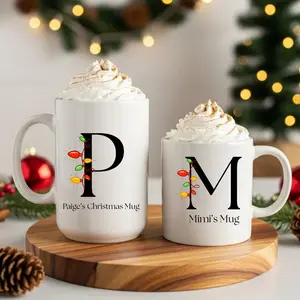 Christmas Initial Mug, Christmas Lights Mug, Custom Letter with Christmas Lights, Holiday Coffee, Gift Ideas for the Holidays, Coworker Mugs