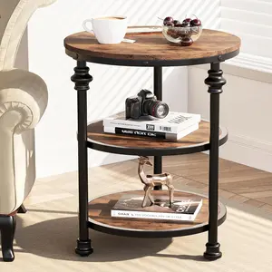 3-Tier Round Top Side Table with Storage Space, Metal Legs, Natural Wood Finish, Vintage Glam - Easy-Setup Industrial Accent Table for Living Room, Small Spaces, Rustic Brown