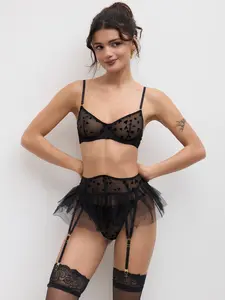 Cider Mesh Heart Ruffle Hem Underwire Lingerie With Brief Set