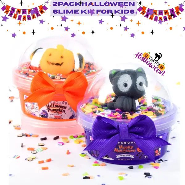 Halloween Slime Kit for Kids | 2 Pack Glow in the Dark Sensory Slime, Kawaii Squishy Fidget Toys, Stress Relief Toys, Halloween Party Favors, Classroom Prizes & Gifts