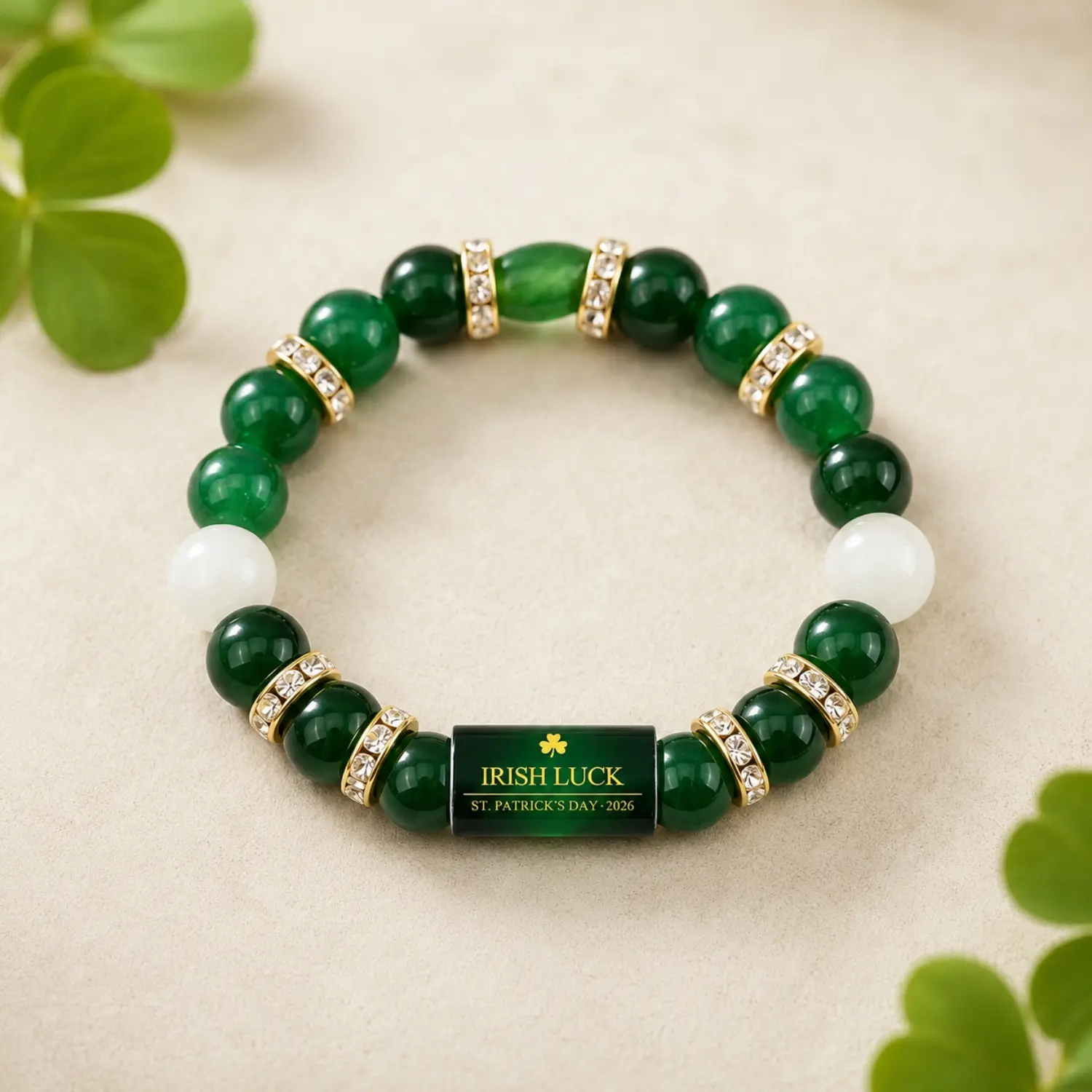 Irish Luck Clover Bracelet, Green Agate Lucky Beaded Bracelet with Rhinestones, St. Patrick’s Day Charm Jewelry Gift for Women