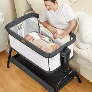 BabyBond Baby Bassinet, 4 in 1 Rocking Bedside Sleeper Crib for Infant & Toddler, Baby Cradle with 6 Height Adjustable, Soft Waterproof Mattress & Breathable Mesh, Wheels, Storage