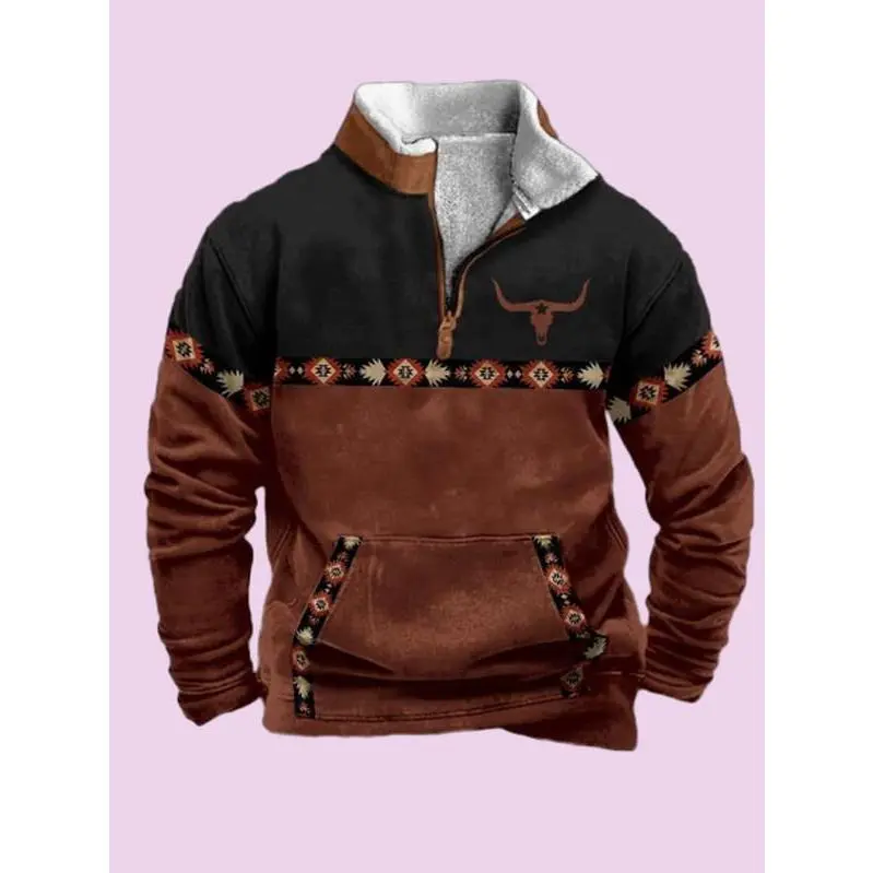 Men'S Aztec Western Jacket Cowboy Bull Head Print Pullover 1/4 Zip Stand Collar Fall Long Sleeve Sweatshirts With Pocket Menswear Stylish Coats Small