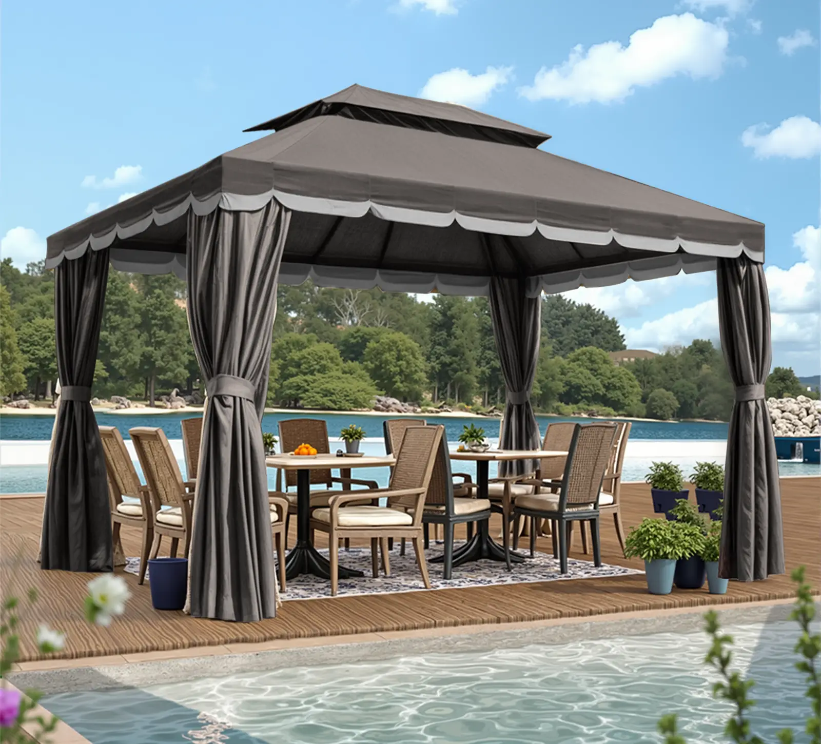 Outdoor Gazebo for Patio, 10x13 Gazebo Canopy Tent with Mosquito Netting & Curtains, Party Tent Shelter with Waterproof Sunshade Double Vented Roof fo