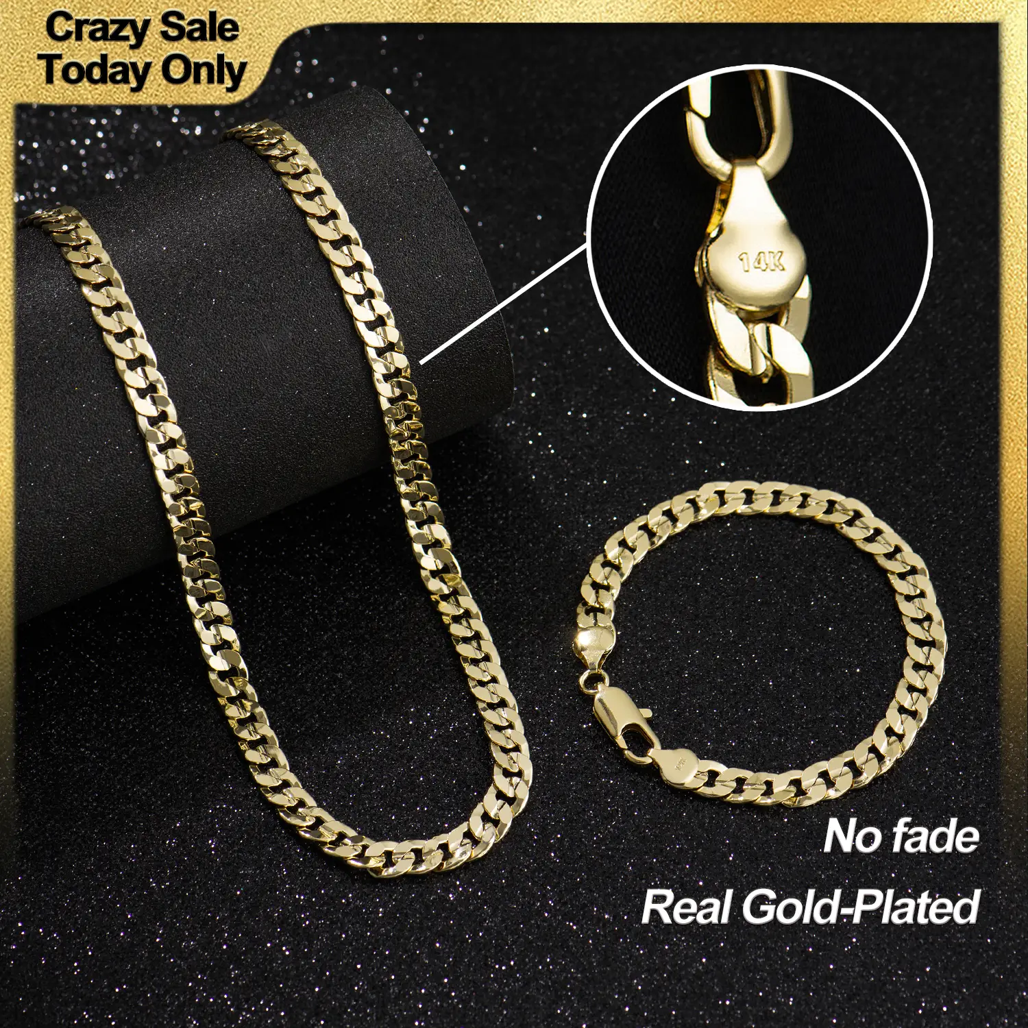 Holylegend 14K Real Gold-Plated Cuban, Figaro and Rope Chain Necklace Set– Upgraded Craft, Faceted Cut ,Tarnish-Free with Nanotechnology Coating, 24