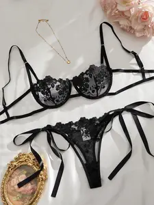 Women's 2-Piece High-Stretch Elastane Underwear Sets - Feminine Lingerie with Flower Embroidery, Transparent Straps, Internal Mesh Bra, Low Waist, Hollow Cutout, Sexy Elegance, All-Season Wear