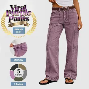 Flamingals Stitch Detail Mid Waist Straight Leg Cargo Pants Without Belt