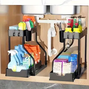 2-Tier Adjustable Under Sink Storage Organizer, Pull-Out Kitchen & Bathroom Rack with Drawers, Hooks, Hanging Cup, Sliding Shelf for Toiletries, Cleaning Supplies, Sponges, Home Organization