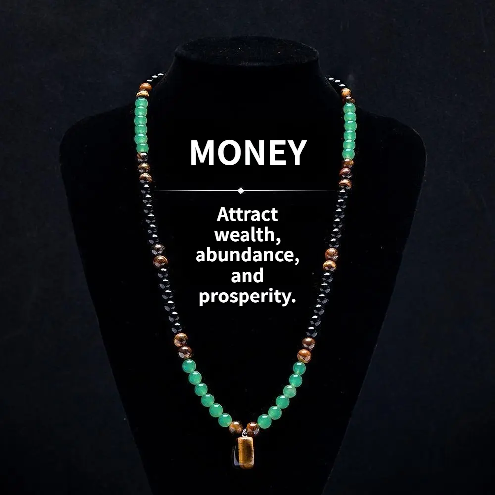 Healing Crystal Pendant Necklace with Green Aventurine & Tiger's Eye, Unisex 69cm/27.1in Long Sweater Chain for Prosperity, Auspicious Anniversary Gift (Choking Hazard Contains Small Ball), Crystal Necklaces