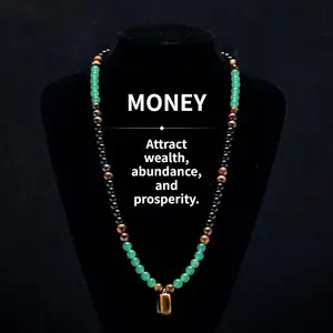 Money Attracting Necklace with Green Aventurine and Tiger's Eye Pendant, Healing Crystal Stone, Anniversary, Holiday and Theme Party Jewelry Charms, Abundance Crystal Bracelet, Long Chain, Sweater Chain