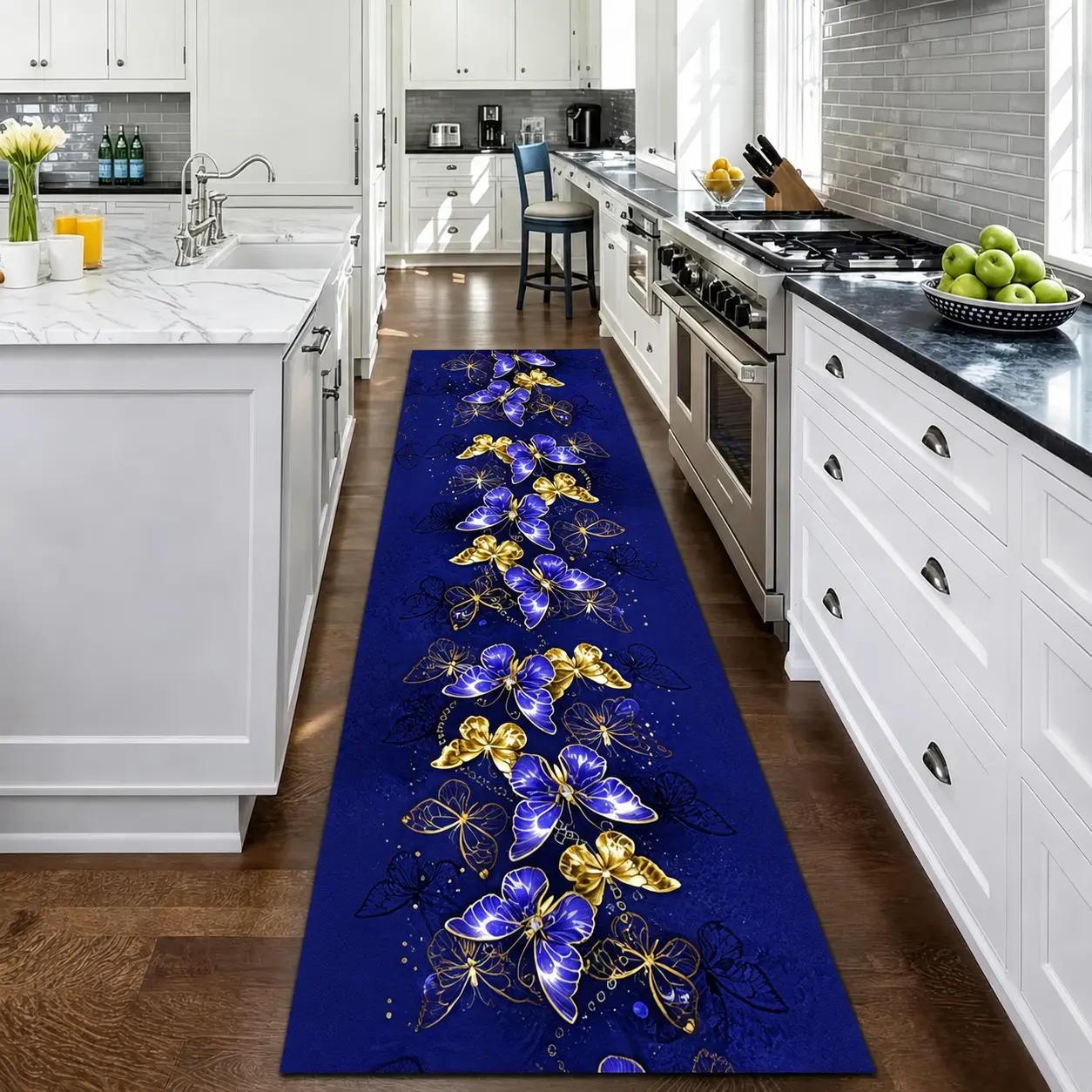 Luxury Butterfly Floral Long Runner Rug, Non-Slip Washable Decor Floor Mat for Hallway, Entryway, Balcony, Bathroom & Laundry Room, 2 Sizes 1.65’×8.25’ / 1.65’×11.55’