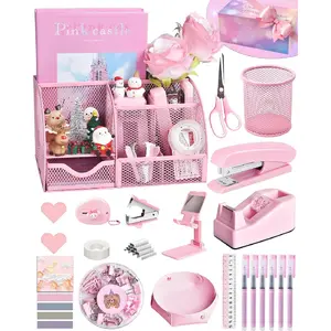 Pink Desk Accessories, 24Pcs Pink Office Supplies and Desk Organizers, with Tape Dispenser, Stapler, Staple Remover, Ect, Gift Box Packaging