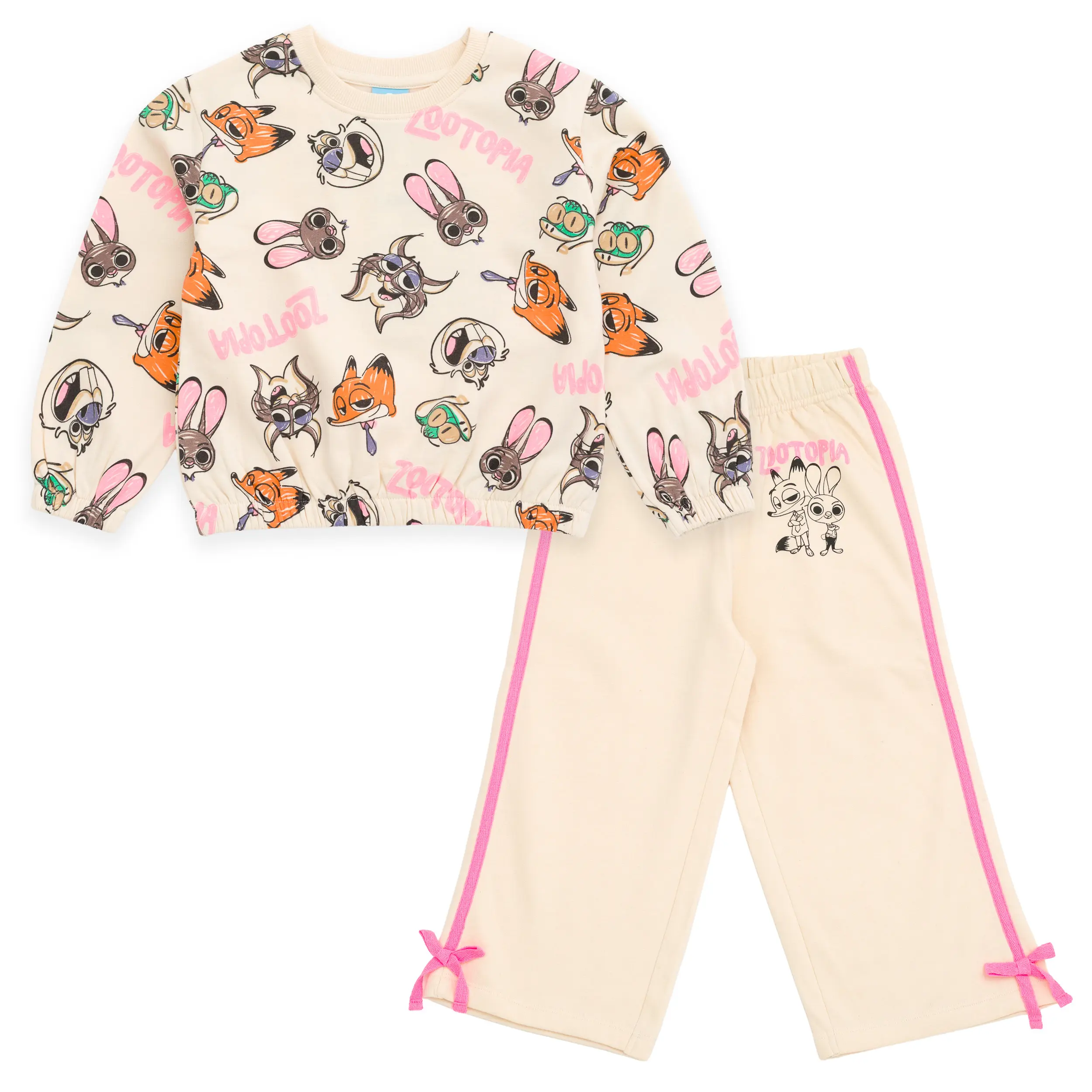 Disney Zootopia Girls' Fleece Outfit Set with Character Prints, 2-Piece Drop Shoulder Pullover and Side Tape Pants for Casual Wear, Toddler to Big Kid, All Over Print, 2T, Elastic Waist, Cute Clothes, Machine Wash, 240Gsm Fleece, 3 - 4 Years, 3T, Bentex G