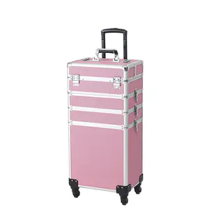 Professional Makeup Train Case 4 in 1 Rolling Cosmetic Trolley Makeup Case Organizer Makeup Travel Case, with 4 Detachable Removable Wheels, Pink