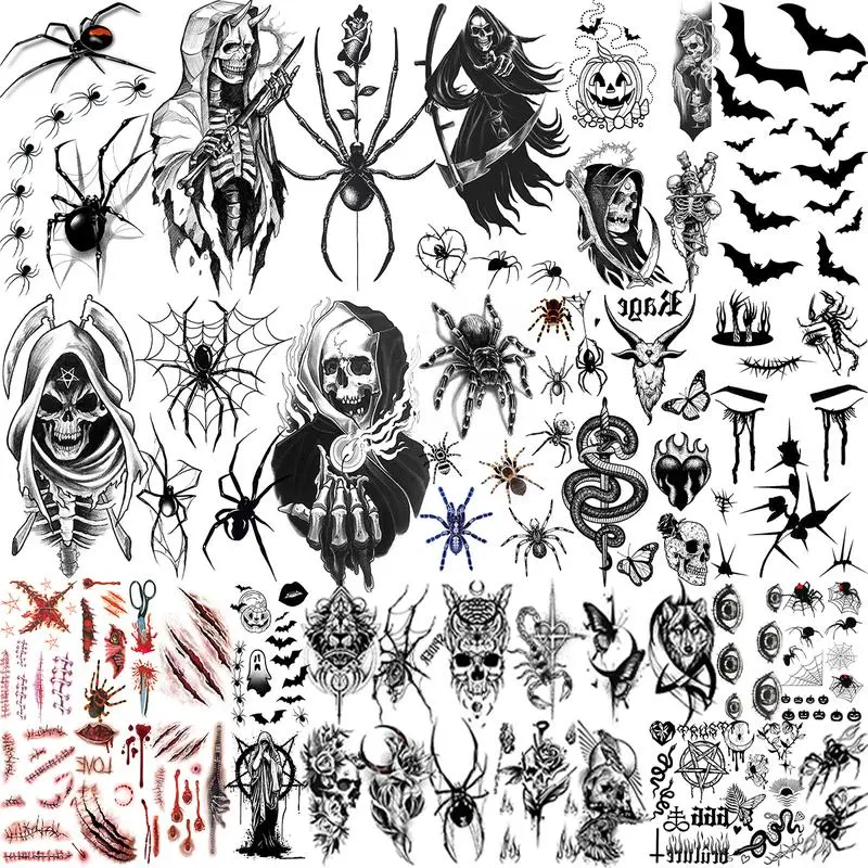 Teens 36 Sheets Large Black Arm Temporary Tattoos For Men Forearm Women Thigh, Half Sleeve Animals Lion Tiger Wolf Temp Tattoo Stickers Adults, Death Skull Compass Flower Fake Tattoos That Look Real Durable Teens