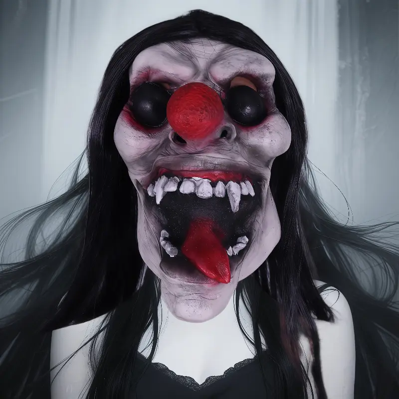 Unique Color-Block Hollow Full Latex Clown Mask - Red Nose, Black Eyes, Bright Red Tongue, Long Black Hair, Comfortable Party Prop, Festive Accessories for Halloween, Carnival Gifts