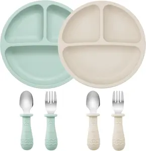 2 Pack Baby Feeding Set – Silicone Divided Plates with Toddler Spoons & Forks