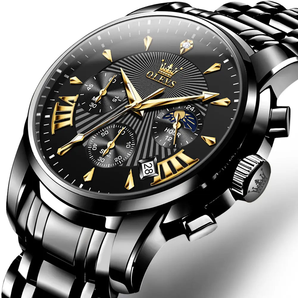 OLEVS Men's Sporty Waterproof Quartz Watch, Quartz Analog Wristwatch, Moon Phase Fashionable Luminous Watch with Calendar Chronograph Display for Party, Daily Clothing Decor, Trendy All-match & Exquisite Watch for Gift with Watch Box 2892