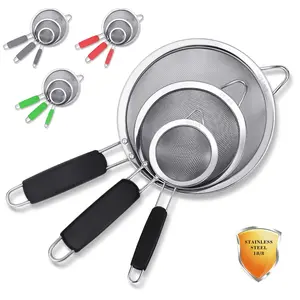 3 Pack Stainless Steel 18/8 Extra Fine Double Mesh Strainers, Large, Medium & Small Sifters with Comfortable & Non Slip Handles, Ideal for Pasta, Rice, Tea, Spaghetti, Quinoa, Baking