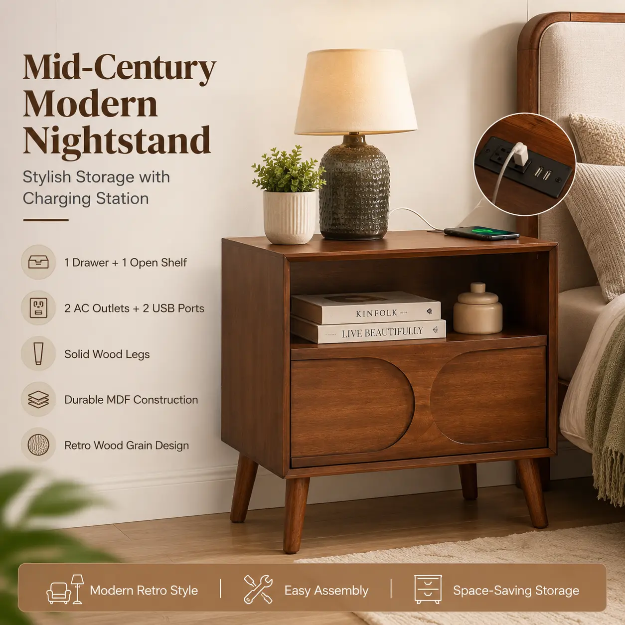Retro Mid-Century Farmhouse Rectangular Walnut Fluted Nightstand - Solid Wood Legs, Durable MDF Construction, Drawer+Shelf Storage, Built-In USB Ports, Standard Cable Management, Hidden Wire Space, Easy Setup Indoor Accent Furniture for Bedroom, Charging