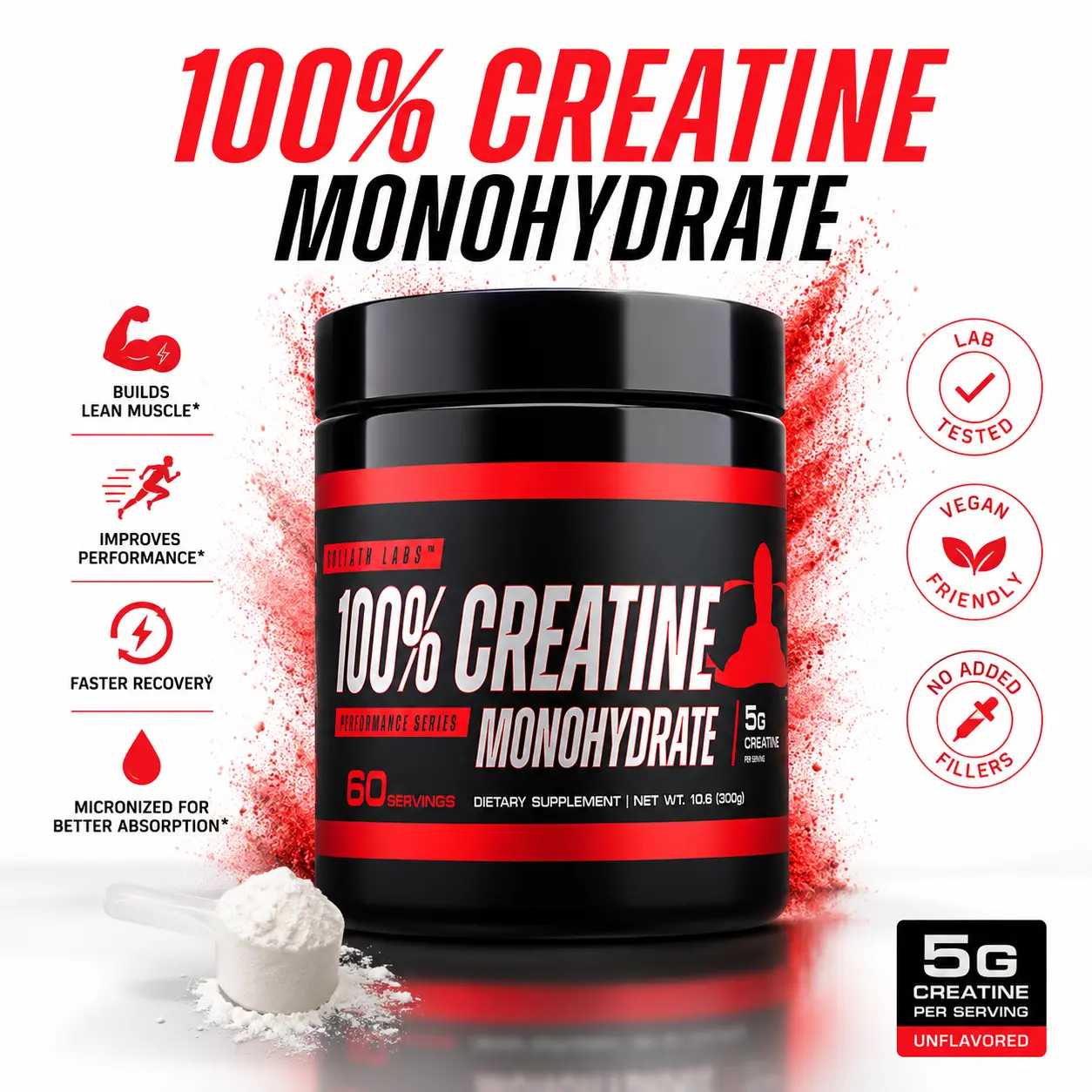Goliath Labs 100% Creatine Monohydrate - Pure Creatine Dietary Supplement, Edible Powder for Healthcare, Fitness, and Weightlifting Use, Gym, Muscle Booster