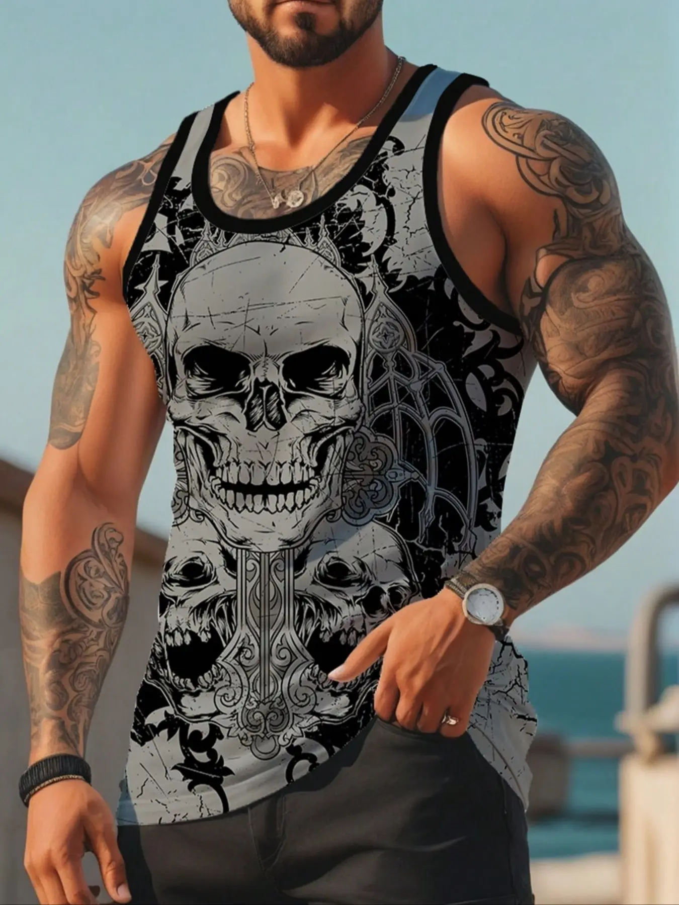 Men's Summer Casual Fitted Skull Printed Round Neck Knit Tank Top Vest