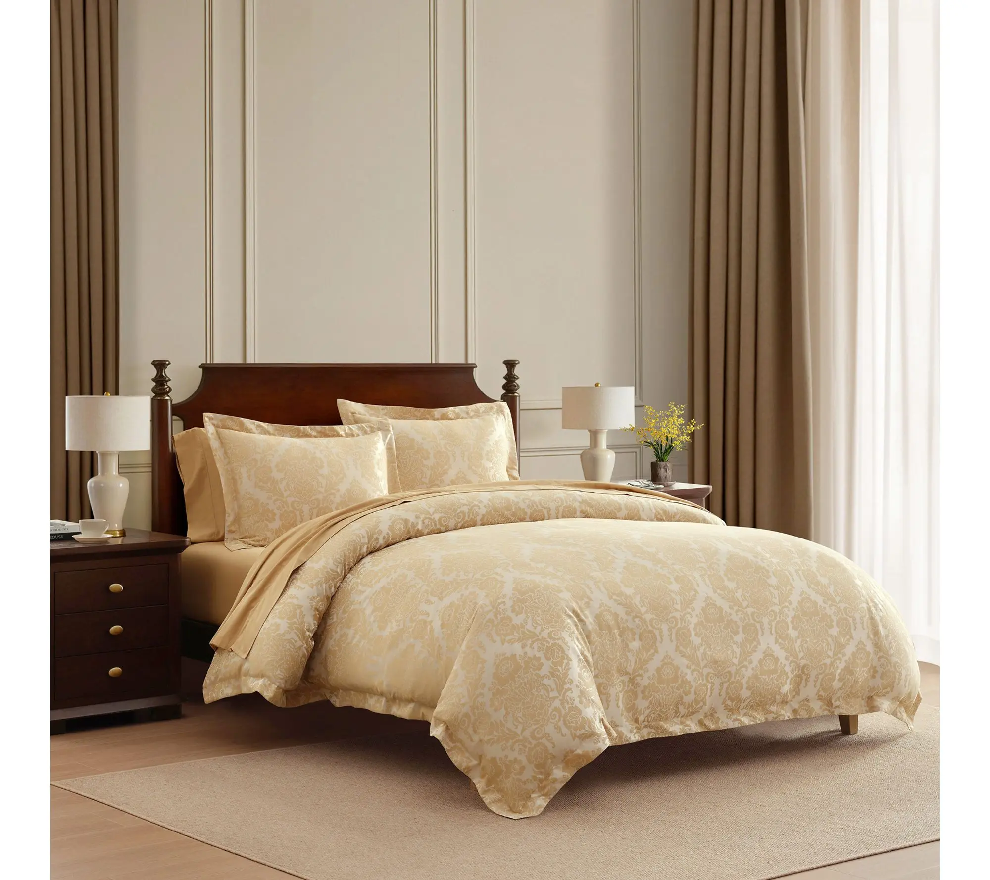 Martha Stewart Vintage Damask Gold Cotton BlndKing Duvet Set