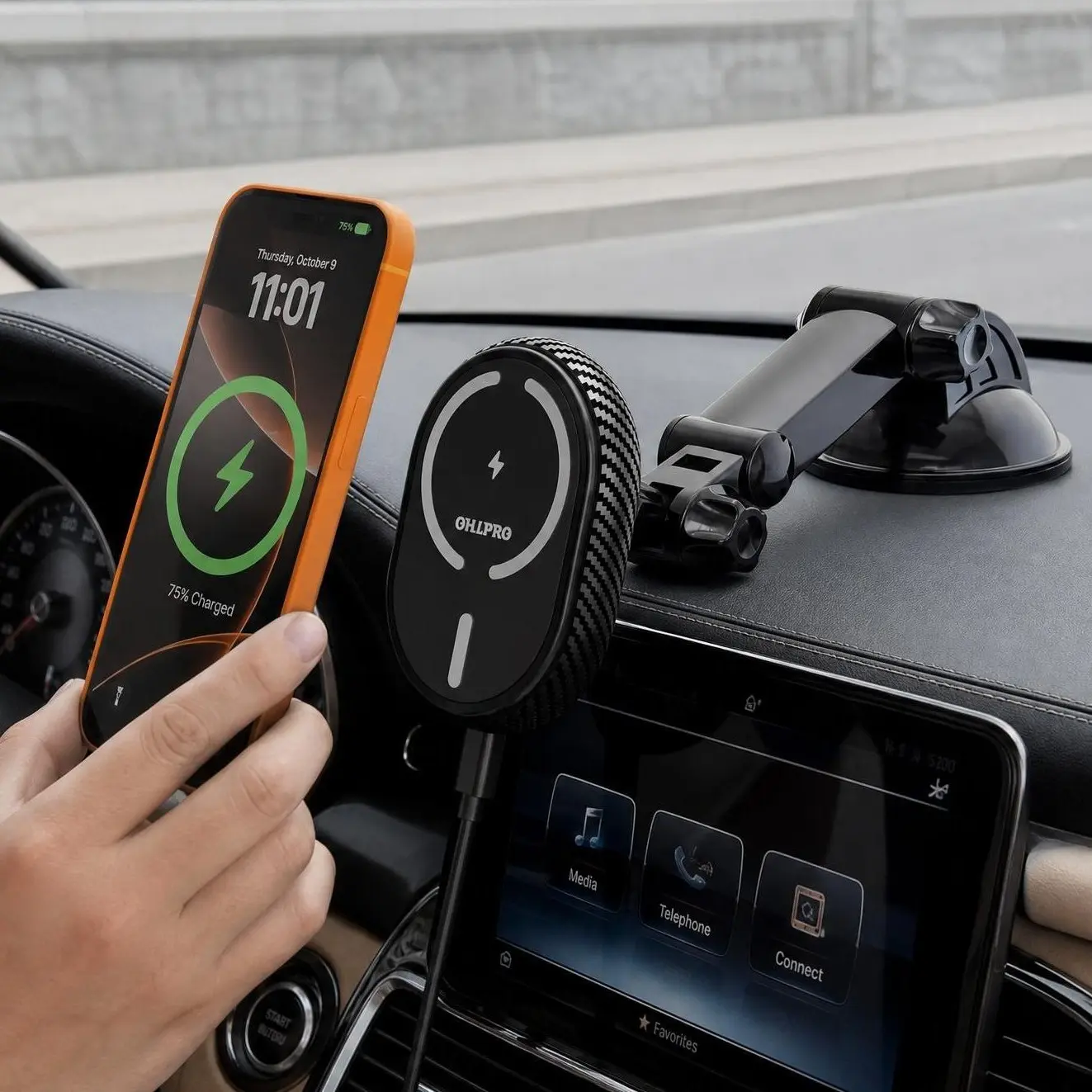 OHLPRO MagSafe Universal Car Wireless Charger - 15W Fast Charging, 360° Rotatable Head, Magnetic Anti-Fall, Adjustable Extendable Suction Cup Arm, USB-C PD 3-in-1, Durable Dashboard/Vent Holder for iPhone 17/16/15/14/13 Pro Max type-c magic band pack, Fas