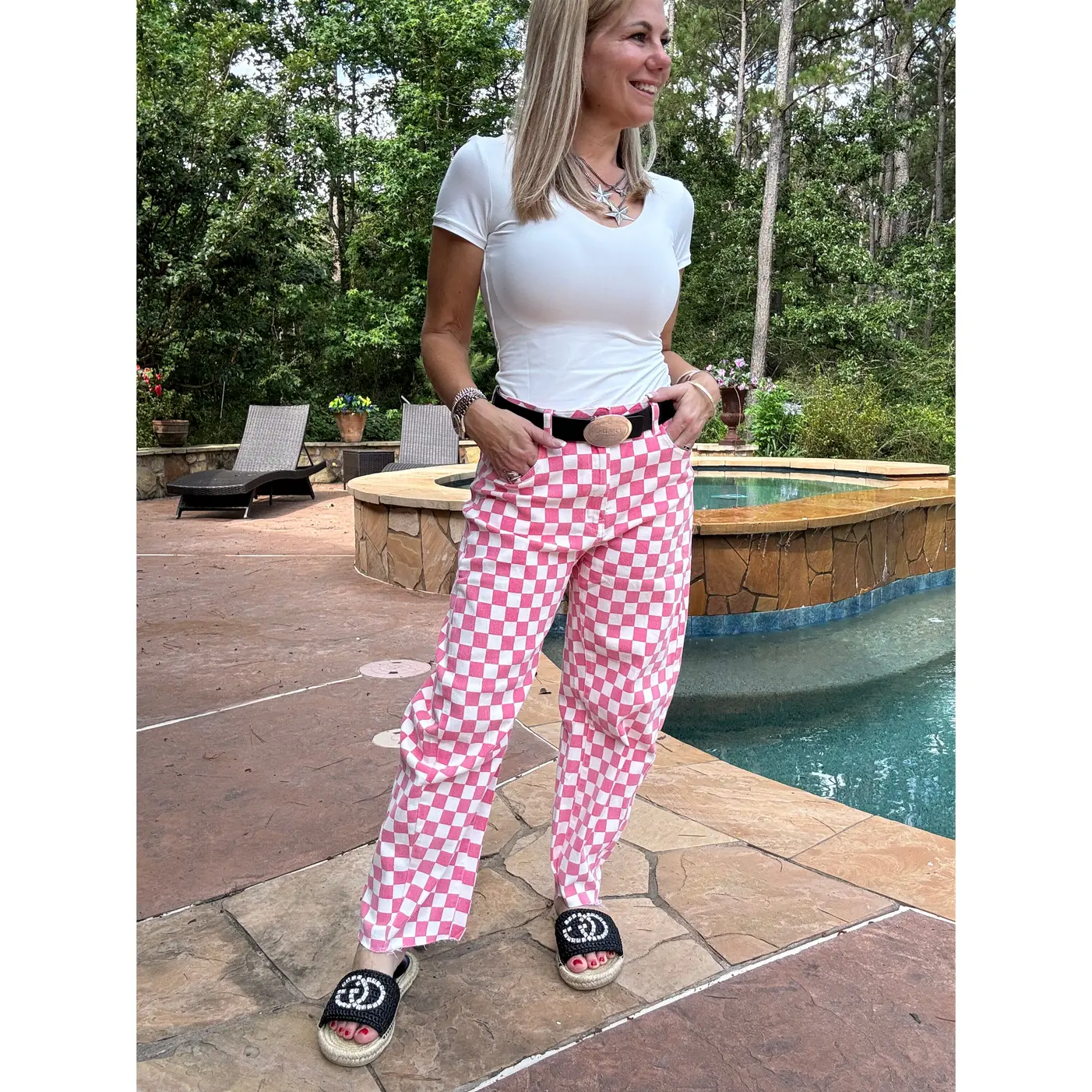 Finish Line Pink and White Checkered Barrel Pants