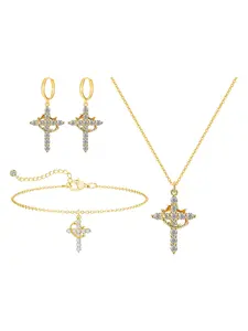 4-Piece European Style Luxury Crown Cross Jewelry Set for Women, Includes Necklace Bracelet Earrings, Elegant Everyday Wear and Perfect Gift