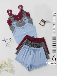 Women's Elegant Contrast Lace Button Cami Top & Elastic Waist Tie Front Shorts Pyjama Set, Casual Comfortable Loungewear Set For Women, Pyjamas for Women