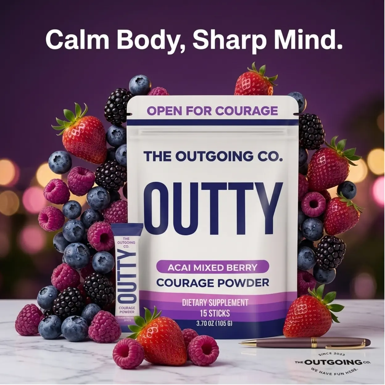 The Outgoing Co. Outty Courage Powder 15 Pack Social Nootropic for Enhanced Confidence & Interactions Acai Mixed Berry Flavor Nootropics & Adaptogens Social Battery Boost