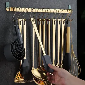 37 Pcs stainless steel cookware set with electroplated kitchen tools, a large set of kitchen tools with measuring cup and spoon hooks, meeting all cooking needs and helping you make delicious dishes