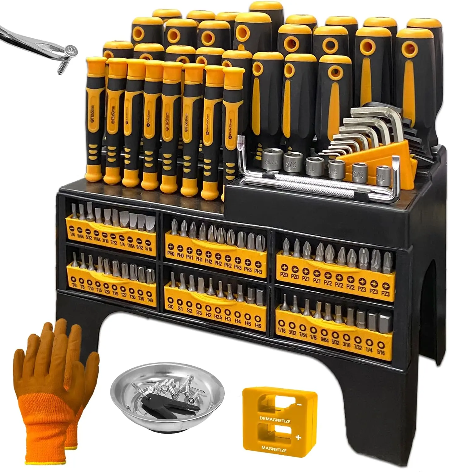 120pcs Magnetic Screwdriver Set,Chrome Vanadium Steel, Multi-Size Hex & Flathead Tools, Non-Slip Grip, Includes Storage Rack & Magnetic Bowl - Perfect DIY Tool Kit for Men.