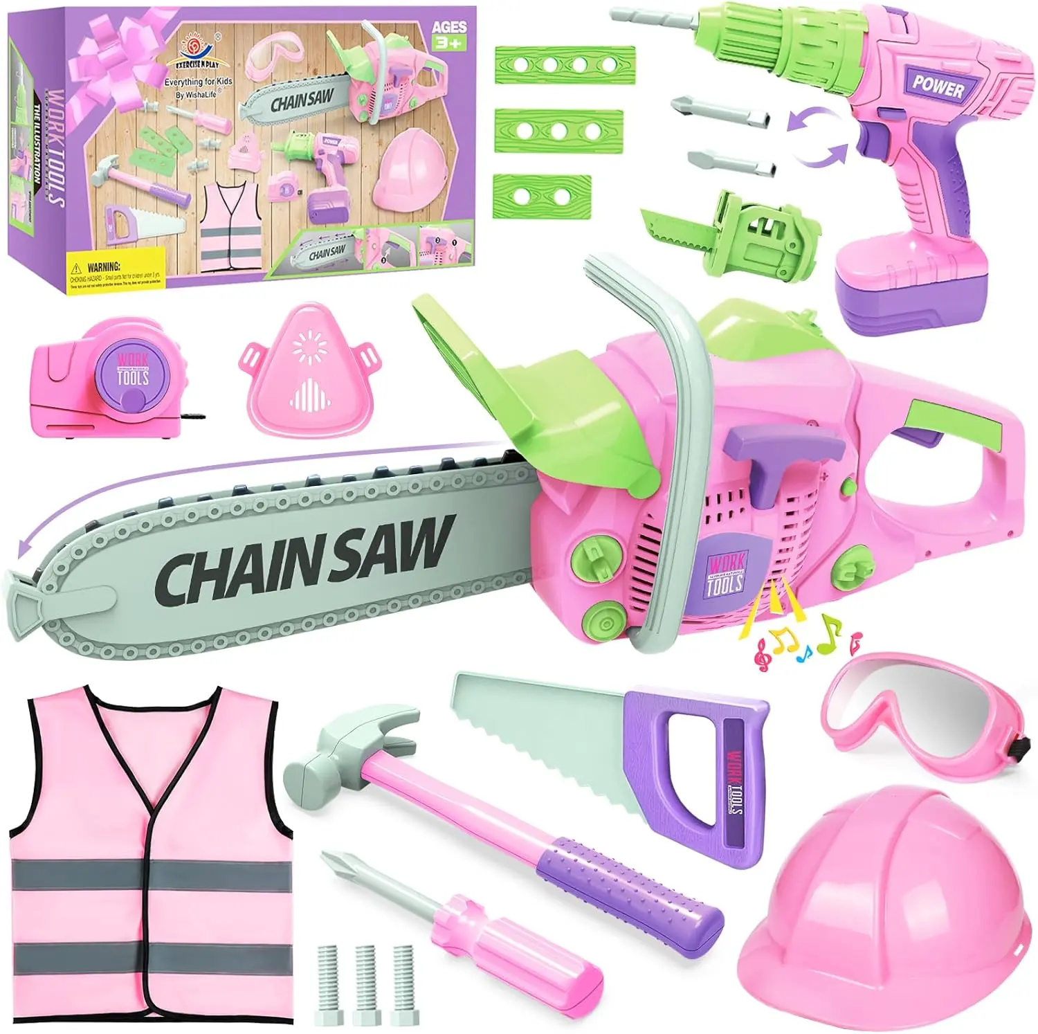 Kids Tool Set for Girls – Toddler Construction Toy Set with Chainsaw, Drill & More – Perfect Pretend Play Gift for Ages 3+