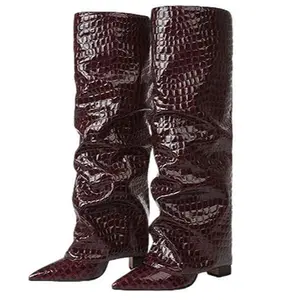Women's Knee High Boots Wide Calf Chunky High Heel PU Leather Fashion Fold Over Pointed Toe Winter Fall Tall Pull on Trendy Boots